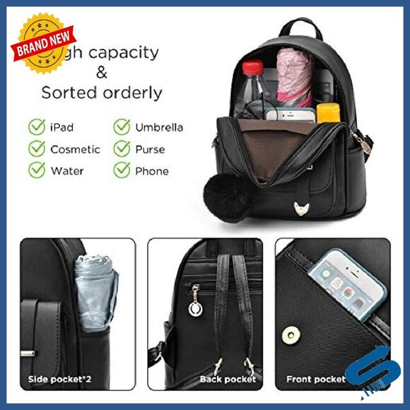 PU Leather Mini Backpack Purse with Pompom, Shoulder Bag for Women